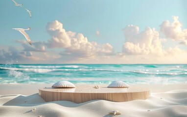 Summer tropical background, Podium on sand beach on sea background, Mock up for the exhibitions, Presentation of products, 3d render 