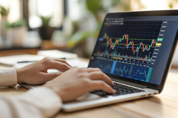 Close-up of hands typing on laptop with stock graphs on the screen and analyzing financial data. Financial investment concept