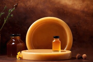 Fototapeta na wymiar Product packaging mockup photo of Squeeze bottle of honey, studio advertising photoshoot