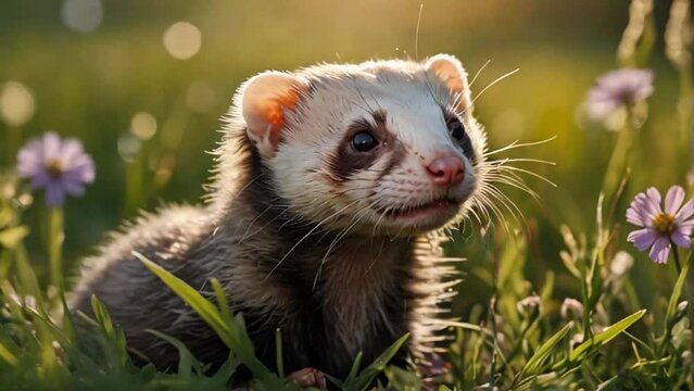 cute ferret on the summer lawn