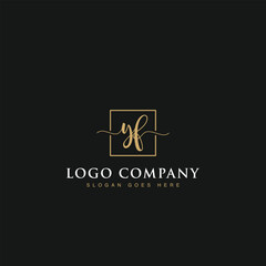 Initials signature letters YF linked inside minimalist luxurious square line box vector logo gold color designs for brand, identity, invitations, hotel, boutique, jewelry, photography or company signs