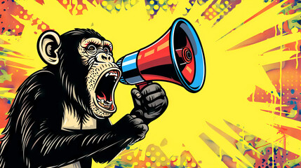 Pop Art Design of a Chimpanzee Announcing a Sale with a Megaphone Against a Yellow Background