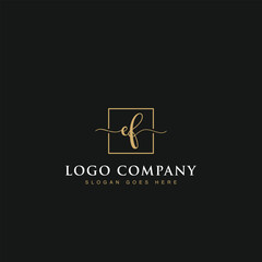 Initials signature letters EF linked inside minimalist luxurious square line box vector logo gold color designs for brand, identity, invitations, hotel, boutique, jewelry, photography or company signs
