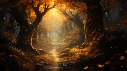 Mystical autumn forest with a stream, tall trees and bright sunlight