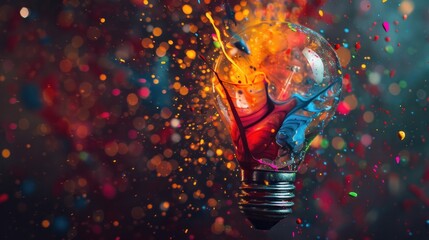 A dynamic image capturing the explosion of a colored light bulb - obrazy, fototapety, plakaty