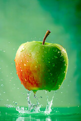 Refreshing Splash with a Juicy Apple on a Bright Green Background