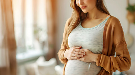 Pregnant Woman Embracing Her Belly with Affection in a Warmly Lit Home Environment