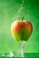 vertical image of Fresh Apple Splashing into Water with Vivid Green Background