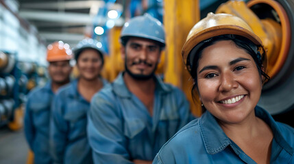 Team of Happy Industrial hispanic Workers with Helmets Posing in Manufacturing Plant