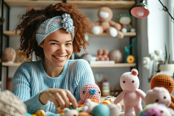 Joyful female Artisan Creating Handmade Crochet Toys in a Cozy Craft Workshop