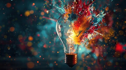 A dynamic image capturing the explosion of a colored light bulb - obrazy, fototapety, plakaty