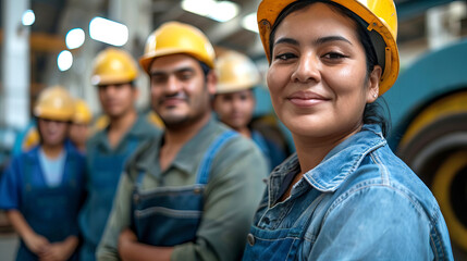Diverse Group of Smiling Industrial hispanic Workers in Safety Gear at Factory Site