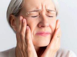 close up of Senior Woman with Closed Eyes touching Cheeks Feeling Toothache on light background