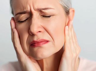 close up of Elderly Woman with Hands on Face Showing Signs of Severe Headache or Migraine