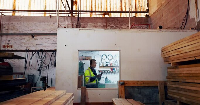 African man, tablet or woodwork in factory, workshop or logistics of plank inventory management. Touch screen, black worker or typing to solve, assess or measure backlog of wood stock delivery