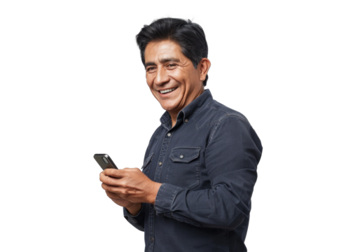 Central American Man with Phone Smiling - Powered by Adobe