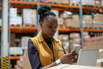 Focused African American Female Inventory Manager Checking Stock on Smartphone in Warehouse