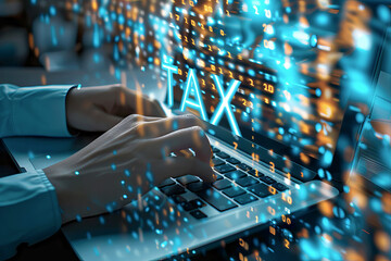 Modern Online Tax Filing Concept with Digital Tax Word Over Laptop Keyboard