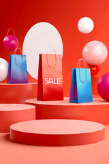 vertical image of Vivid Retail Sale Concept with Red and Blue Shopping Bags on Abstract Pedestals