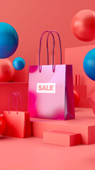 vertical photo of Stylish Pink Shopping Bag with Sale Tag in a Modern Retail Promotion