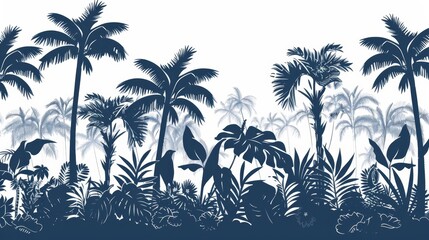  Tropical scene with palm trees, ferns, and other plants against a white background