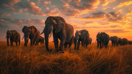 Herd of Elephants in Africa walking through the grass in National Park. - Powered by Adobe