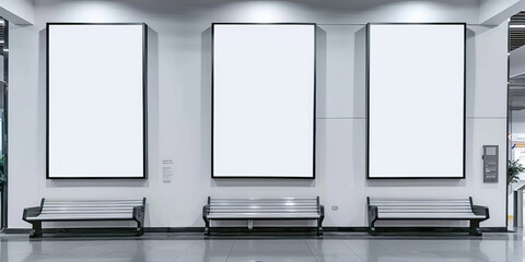  empty white blank  vertical rectangle frame mockup in airport, A blank white billboard on white wall, .Mock up Billboard Media Advertising Poster banner template in airport  waiting room