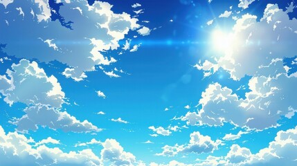 A clean and crisp vector background depicting blue skies and fluffy clouds, styled with a subtle anime influence