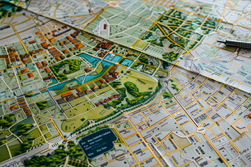 cadastral map and general urban plan with cadastral parcels, urban destinations, vacant land plots and condominium residential building