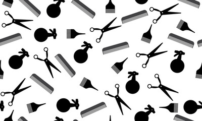 Seamless  Black and White Scissors, Combs, Spray Bottles, and Brushes pattern on a transparent background