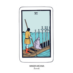 Tarot card vector deck . Minor Arcana Swords . Occult esoteric spiritual Tarot. Isolated colored hand drawn illustrations