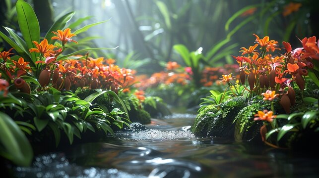 Closeup focus shot of a stream flowing through a lush forest Inspired by Christophe Vachers fantasy art, 