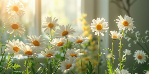 Beautiful White Daisies in Sunlight Through Window Displaying Serene and Natural Beauty