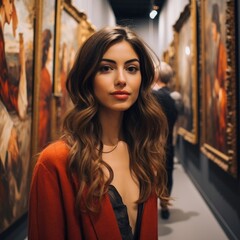Fototapeta na wymiar Beautiful young Spanish woman amidst art at an exhibition in Madrid