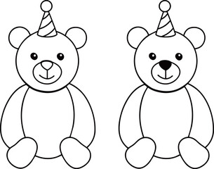 A cartoon outline teddy bear with a party hat on its head