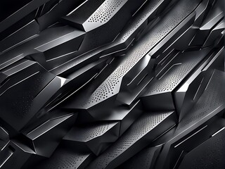  composition of futuristic, dark pieces against a background design of black. Metallic perforated texture design in chrome design. Geometric image of technology. Banner with a vector header design.  - obrazy, fototapety, plakaty