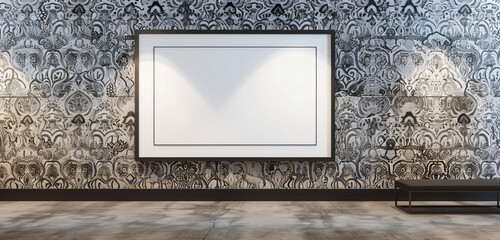 A minimalist exhibition area with elaborate patterns surrounding a facsimile of a blank wall frame creates an atmosphere of visual curiosity and creative potential