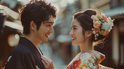 Joyful couple in traditional Japanese attire sharing a smile on their wedding day with warm backlighting.