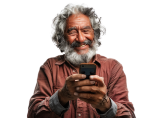 Smiling Senior Man with Phone on Transparent