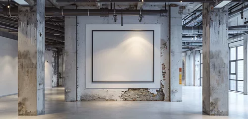 Fotobehang A prototype of a blank wall frame set against exposed pipes and concrete pillars creates an industrial-inspired gallery space that exudes a sense of urban gritty creativity © Stone Shoaib