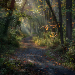 A Serene Hiking Trail Bathed in Dappled Sunlight Amidst the Vibrant Foliage of a New Jersey Forest