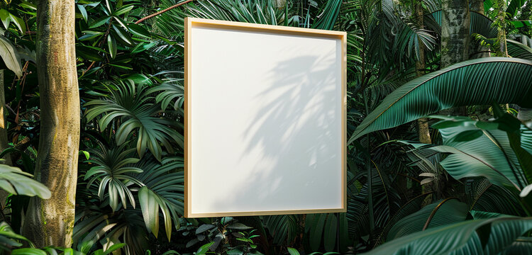 A peaceful art gallery surrounded by beautiful vegetation, featuring a mockup of a blank wall frame against it, providing a calm area for creative contemplation