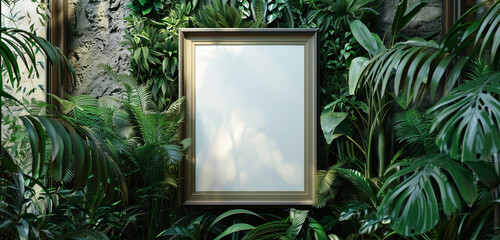 A small, welcoming art museum featuring a mockup of an empty wall frame surrounded by lush vegetation that invites viewers to envision the possibilities