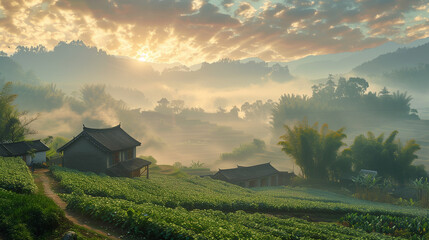 Sunlight pierce through clouds with farmland and terraced rice fields filled in morning mist with a small Chinese farmhouse, creating a dreamlike landscape in the countryside.