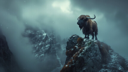 A yak stands resilient against the backdrop of mist-covered mountains, embodying the wild spirit of...