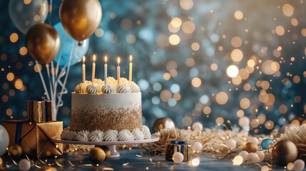 beautifully decorated birthday cake on shimmering background with burning candles and goden and blue fetsive balloons - Powered by Adobe