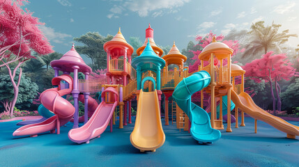Fototapeta na wymiar A colorful playground with a pink castle and a blue slide in the beautiful park. The playground is colorful, giving it a fun and playful atmosphere