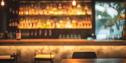  empty  table on Blurred bar background with shelves of bottles and chair in Luxury modern restaurant or hotel interior design,  - obrazy, fototapety, plakaty