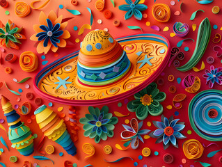 colorful piece of sombreros is made with paper and has intricate details, including flowers and waves.