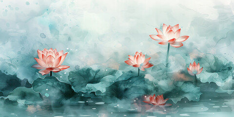 Beautiful watercolor painting of lotus flowers in the water with sparkling water droplets on the leaves
